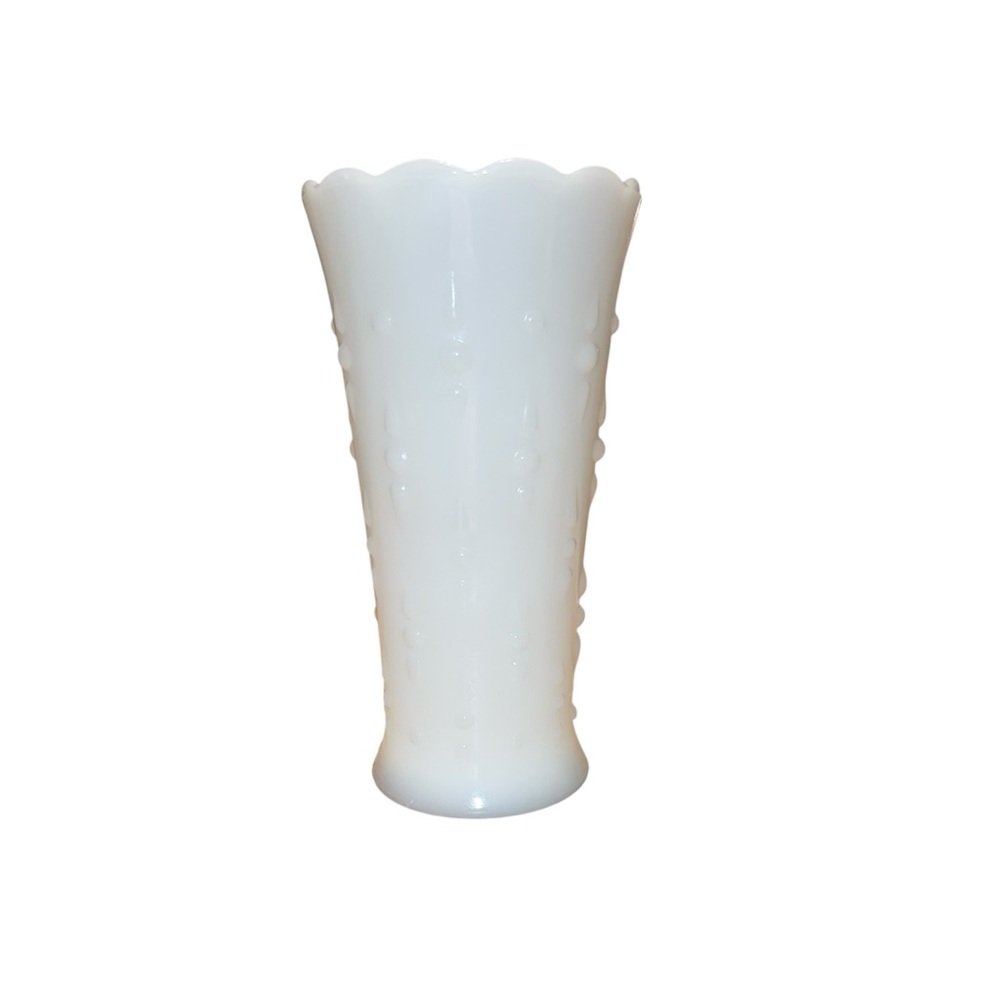 7” White Milk Glass Vase - 60s, Teardrop and Pearl White Raised Pattern